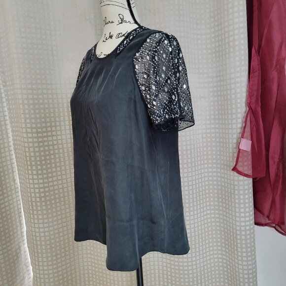 Rebecca Taylor 100% Silk Black Top with Embellished Sleeves - Size 4 - Picture 2 of 13